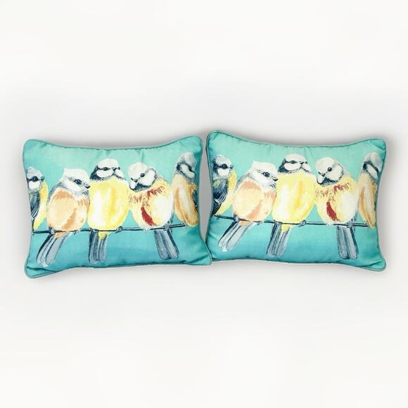 Pair of Aqua Bird Pillows Stripes Indoor Outdoor Reversible Zipper Cover 15 X 12 - Picture 1 of 6